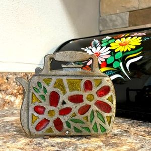 Vintage Cast Iron Stained Glass Teapot Napkin Holder